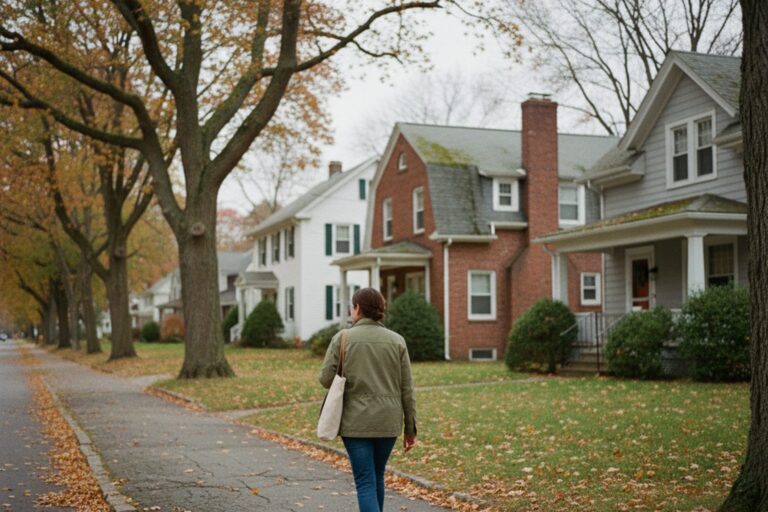 A person in their 30s wearing a light jacket walks along a quiet suburban street with several houses visible in the background.