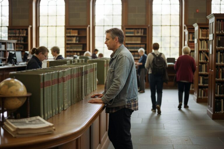 A person in their 40s wearing a casual jacket stands at a counter in a public library, looking at a shelf of bound volumes.
