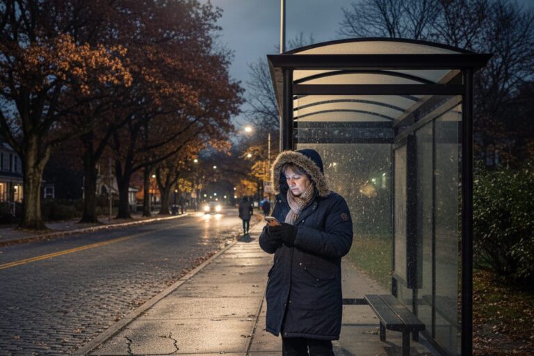 A person in their 50s wearing a winter coat waits at a bus stop on a quiet street at night, looking down at their phone.