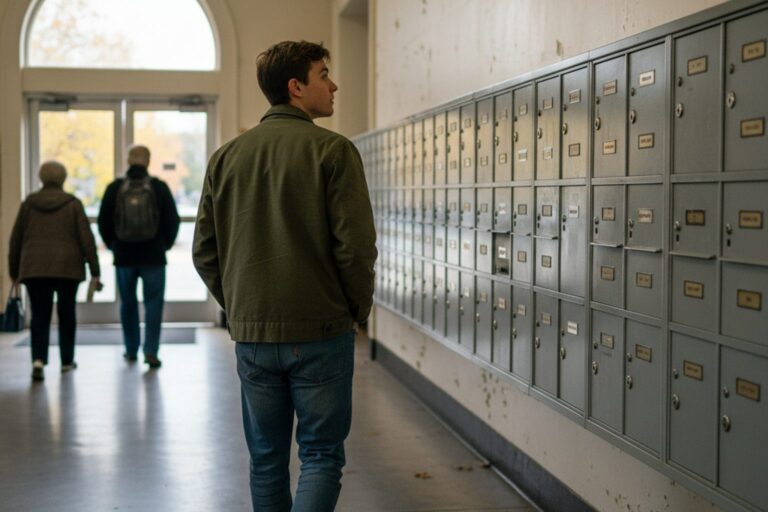 A young adult in a plain jacket walks past a row of secure, locked mailboxes in a public building lobby, glancing at the nameplates.