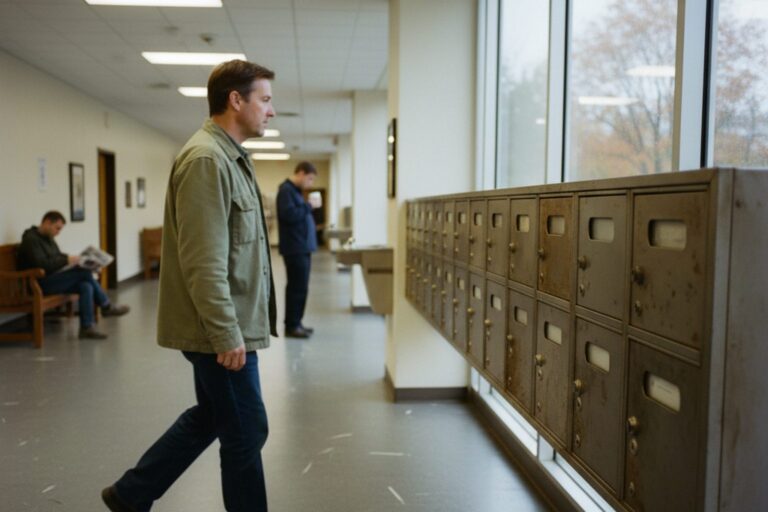 A person in their 40s wearing a casual jacket walks past a row of secure, locked mailboxes in a public building lobby, glancing at the nameplates.
