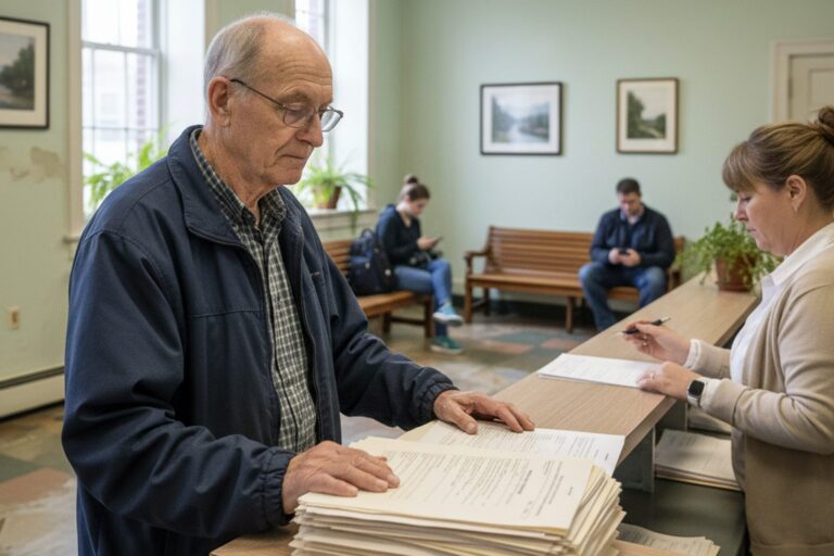 An older man in a plain jacket stands at a public counter in a quiet municipal building, looking at a stack of unreadable forms.