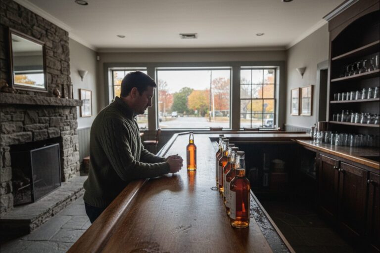 A person in their 30s wearing a casual sweater stands at a quiet, empty bar counter, looking at a row of unlabelled bottles.