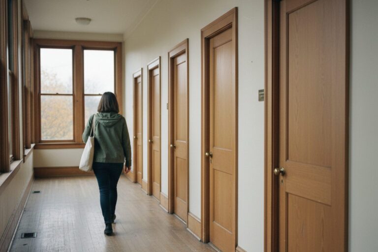 A person in their 20s wearing a casual jacket walks along a quiet, empty corridor in a municipal building, passing a row of closed, unmarked doors.