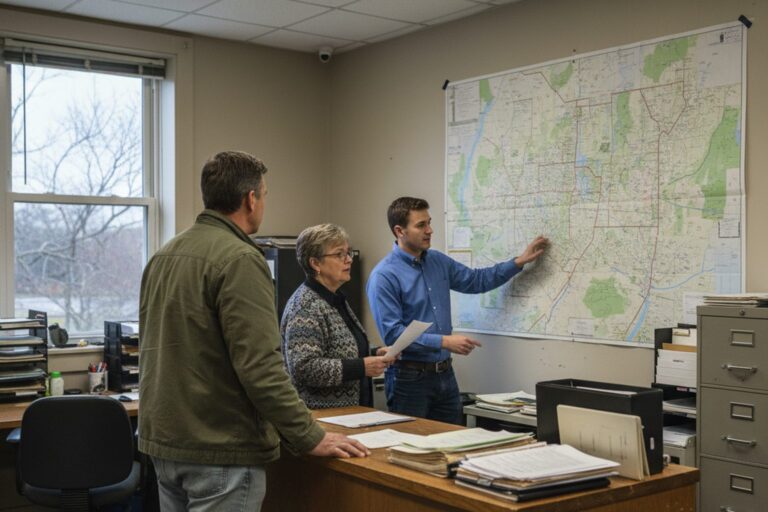 A person in their 40s wearing a casual jacket stands at a counter in a municipal planning office, looking at a wall map of a town.