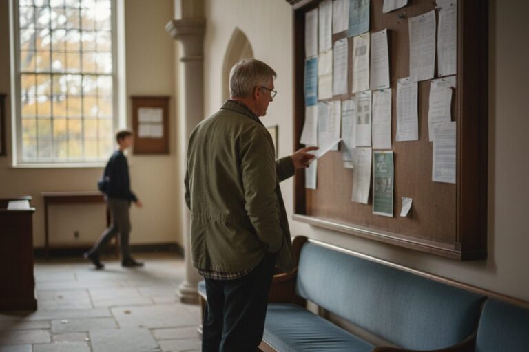 A person in their 60s wearing a simple jacket stands looking at a notice board in a quiet church vestibule.